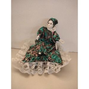 Vintage Landmark Porcelain Clown Doll on Floral lace pillow with tags